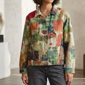 Chico's Artsy Bohemian Resort Party Multicolor Graffiti 90s VTG Jacket 2 Large